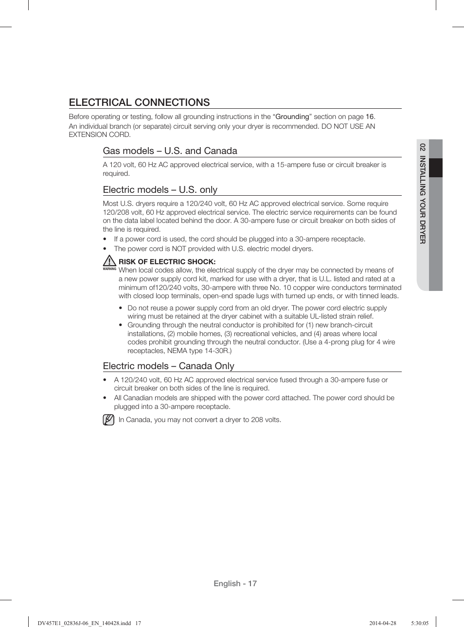 Electrical connections, Gas models – u.s. and canada, Electric models – u.s. only | Electric models – canada only | Samsung DV457E1GSGR-A1 User Manual | Page 17 / 228