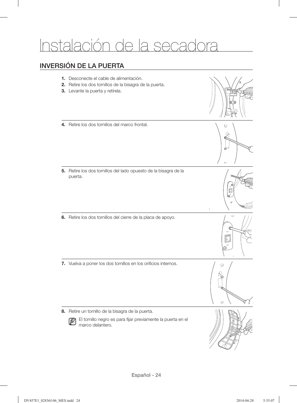 Instalación de la secadora, Inversión de la puerta | Samsung DV457E1GSGR-A1 User Manual | Page 176 / 228
