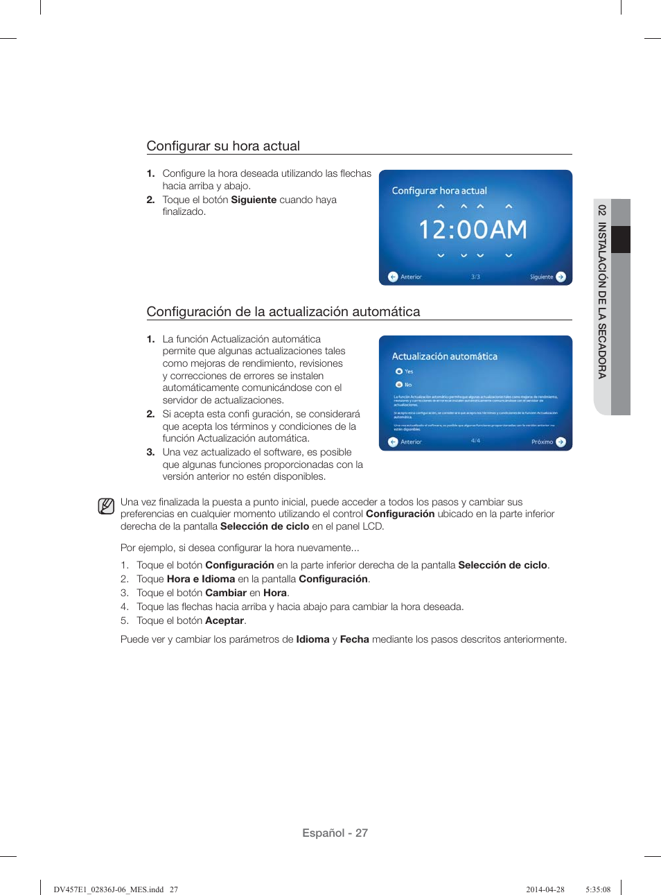 Conﬁ gurar su hora actual, Conﬁ guración de la actualización automática | Samsung DV457E1GSGR-A1 User Manual | Page 179 / 228