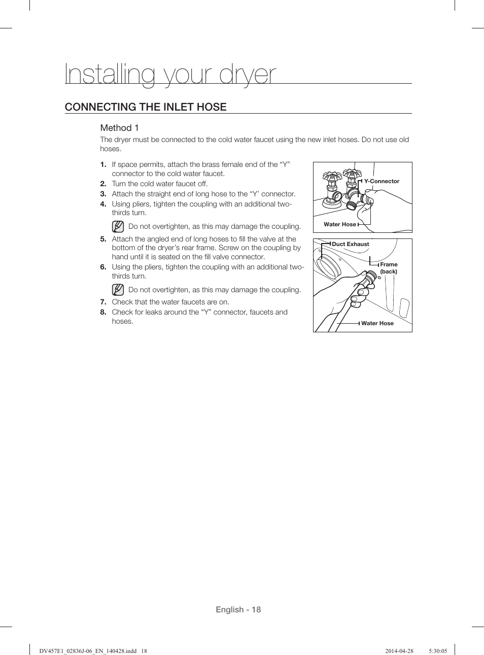 Installing your dryer, Connecting the inlet hose | Samsung DV457E1GSGR-A1 User Manual | Page 18 / 228