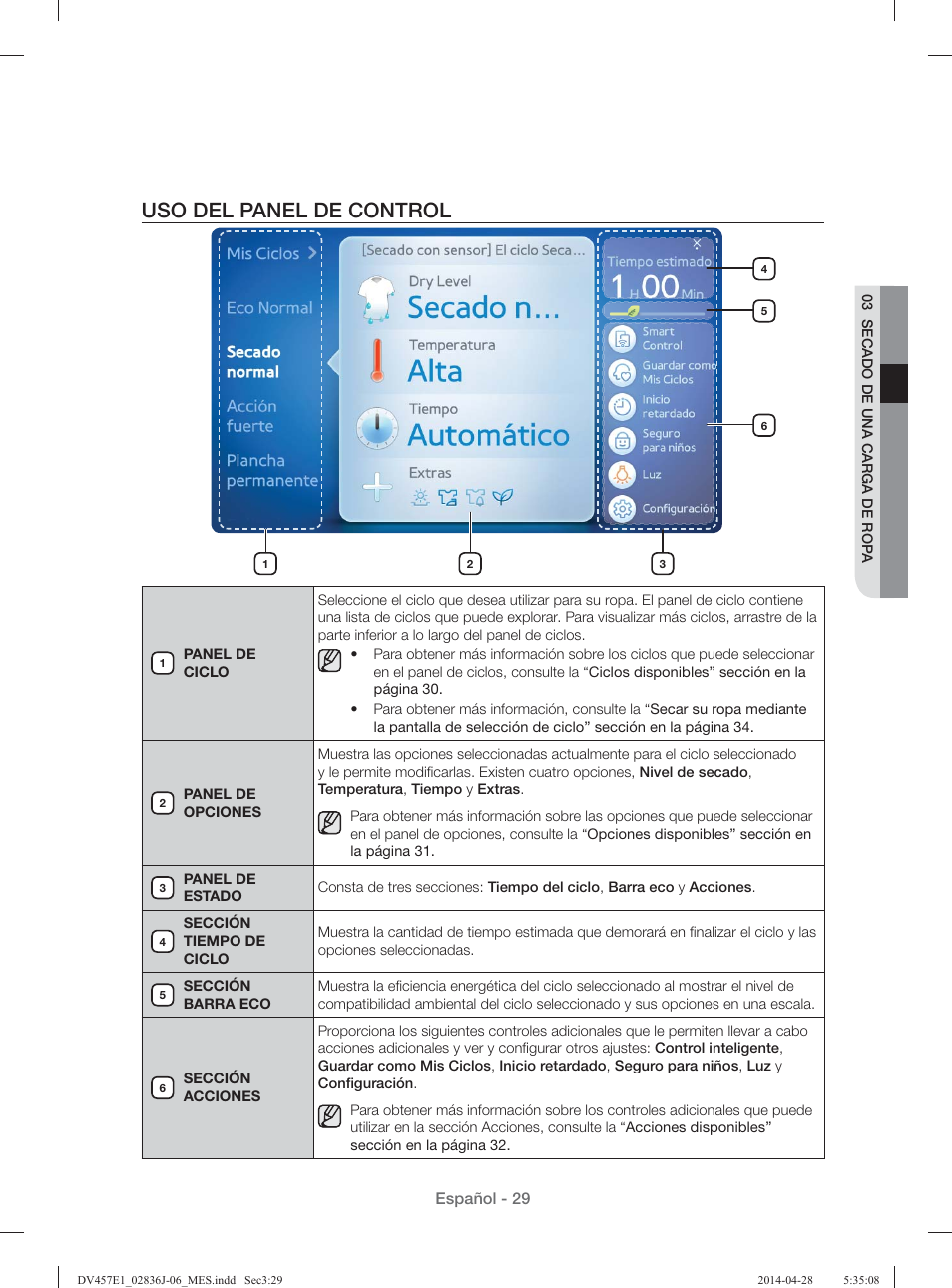 Uso del panel de control | Samsung DV457E1GSGR-A1 User Manual | Page 181 / 228