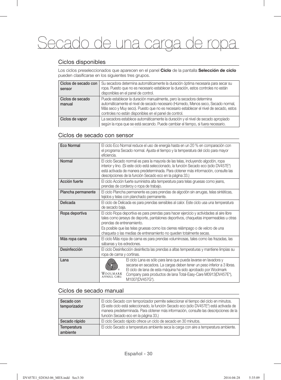Secado de una carga de ropa, Ciclos disponibles, Ciclos de secado con sensor | Ciclos de secado manual | Samsung DV457E1GSGR-A1 User Manual | Page 182 / 228