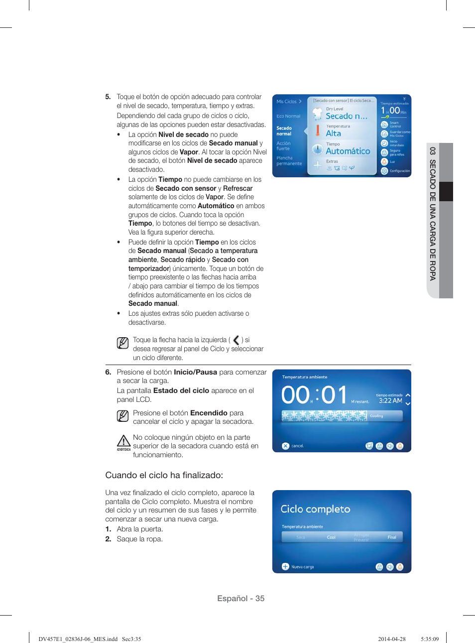 Cuando el ciclo ha ﬁ nalizado | Samsung DV457E1GSGR-A1 User Manual | Page 187 / 228
