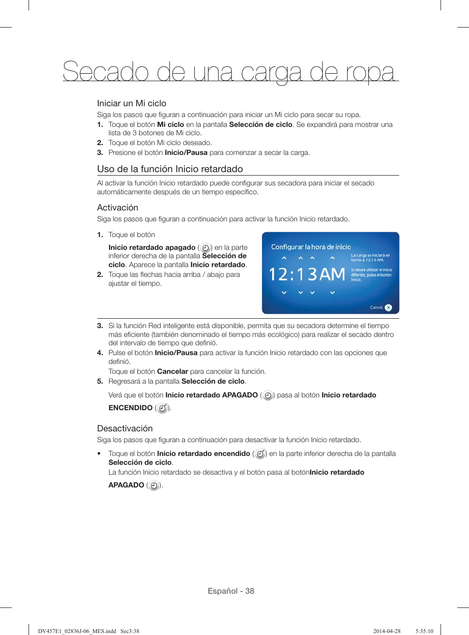 Secado de una carga de ropa, Uso de la función inicio retardado | Samsung DV457E1GSGR-A1 User Manual | Page 190 / 228