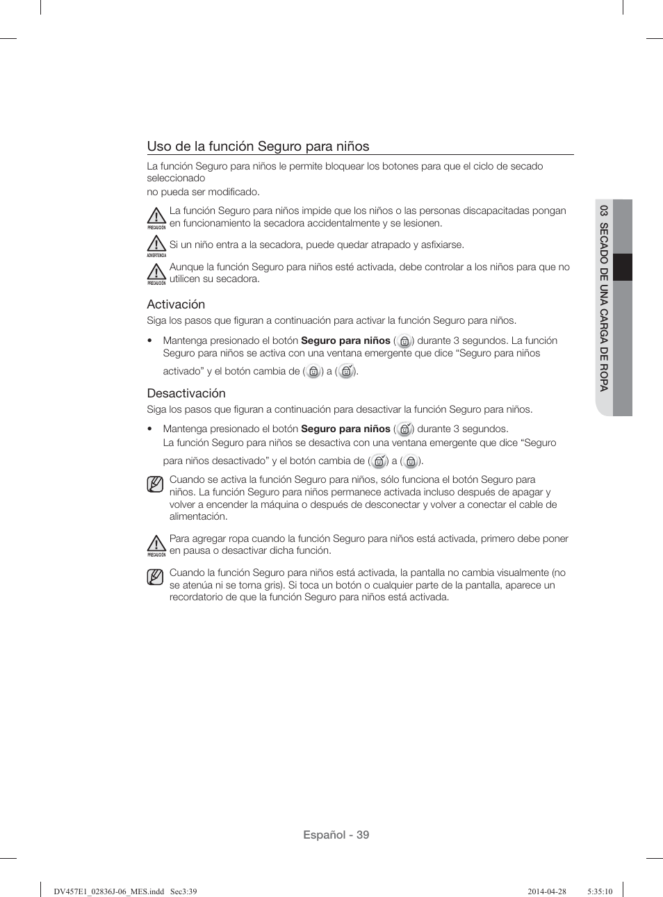 Uso de la función seguro para niños, Activación, Desactivación | Samsung DV457E1GSGR-A1 User Manual | Page 191 / 228