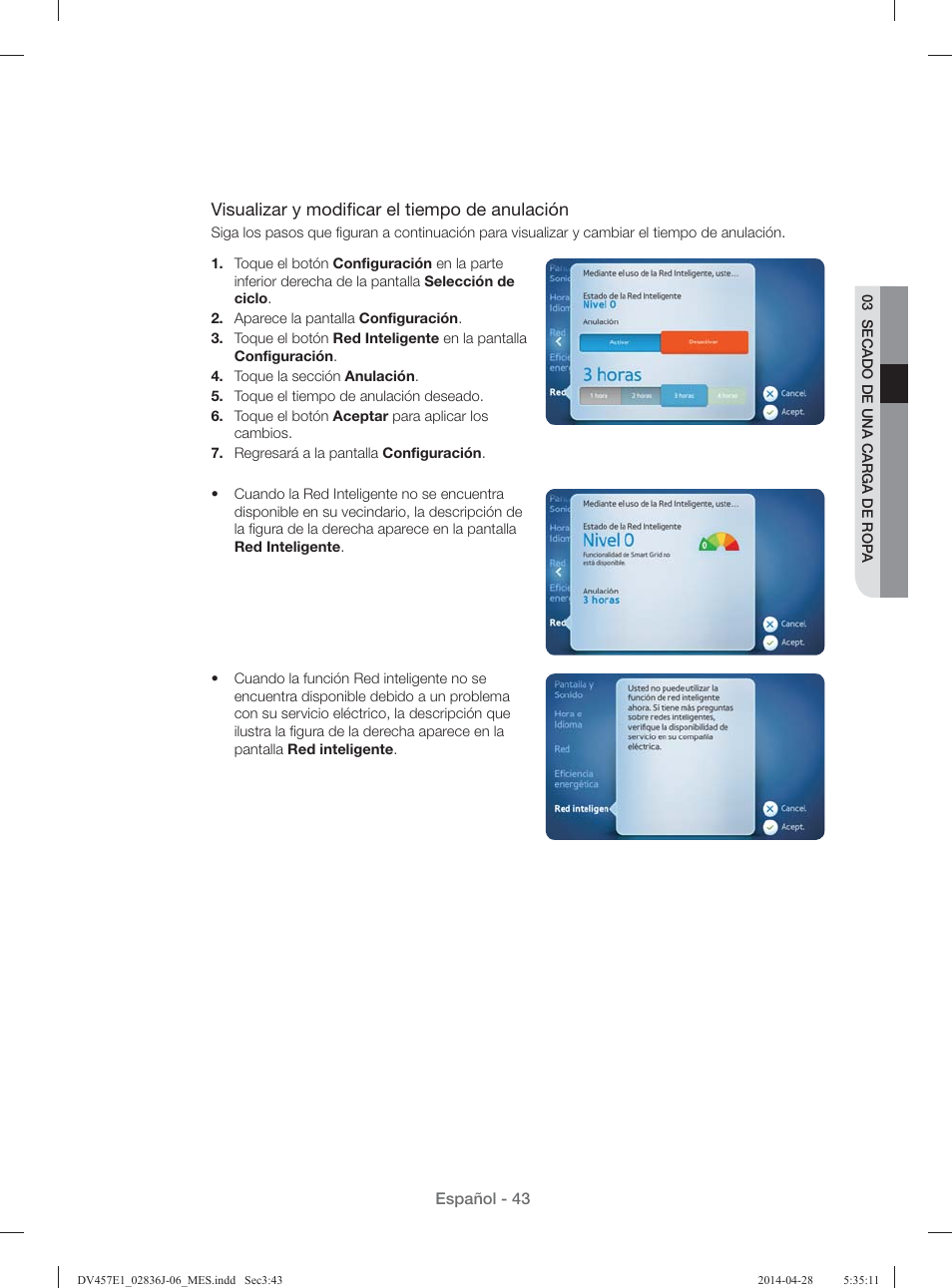 Visualizar y modiﬁ car el tiempo de anulación | Samsung DV457E1GSGR-A1 User Manual | Page 195 / 228