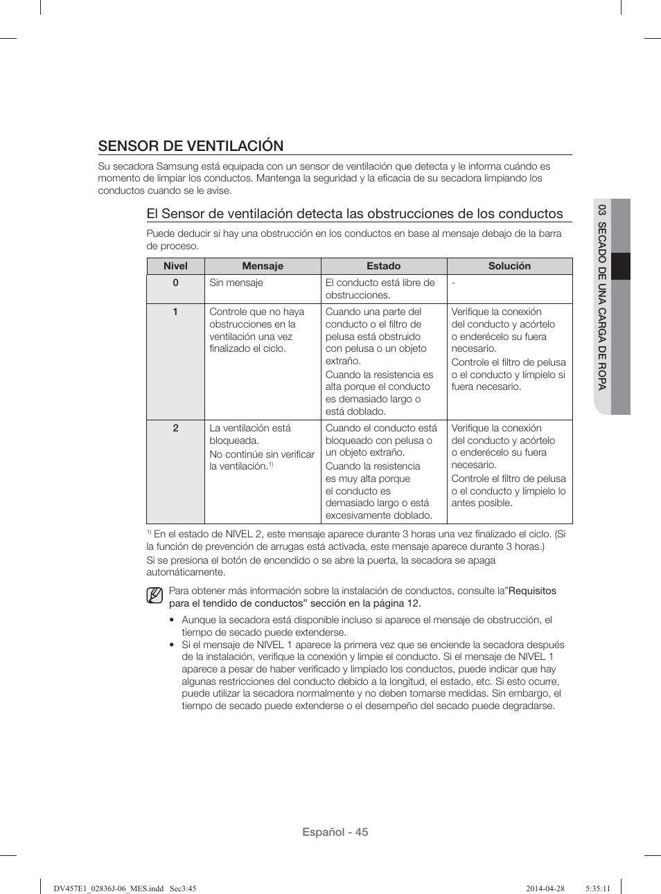 Sensor de ventilación | Samsung DV457E1GSGR-A1 User Manual | Page 197 / 228