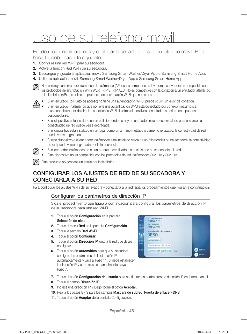Uso de su teléfono móvil, Conﬁ gurar los parámetros de dirección ip | Samsung DV457E1GSGR-A1 User Manual | Page 198 / 228