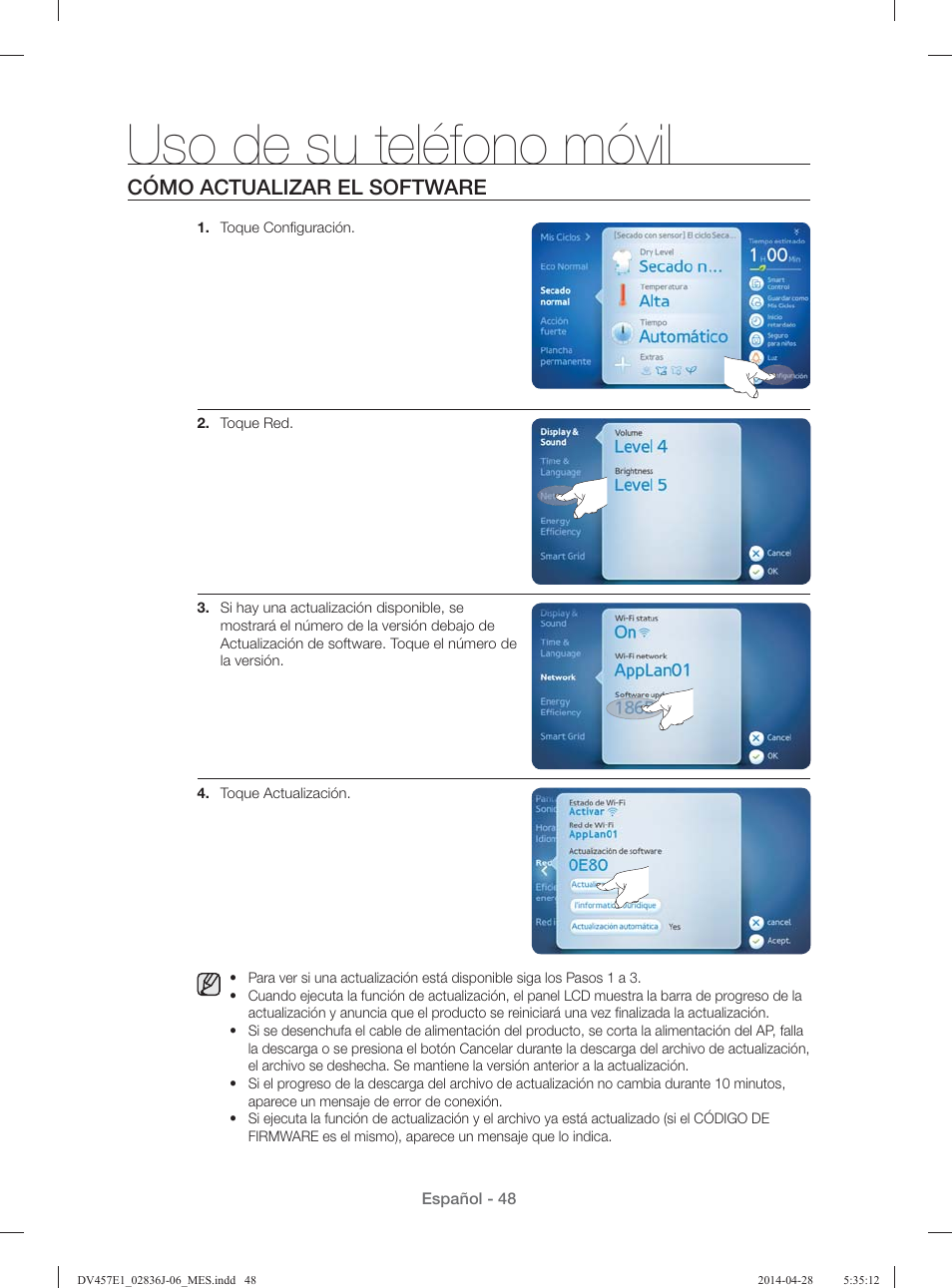 Uso de su teléfono móvil, Cómo actualizar el software | Samsung DV457E1GSGR-A1 User Manual | Page 200 / 228