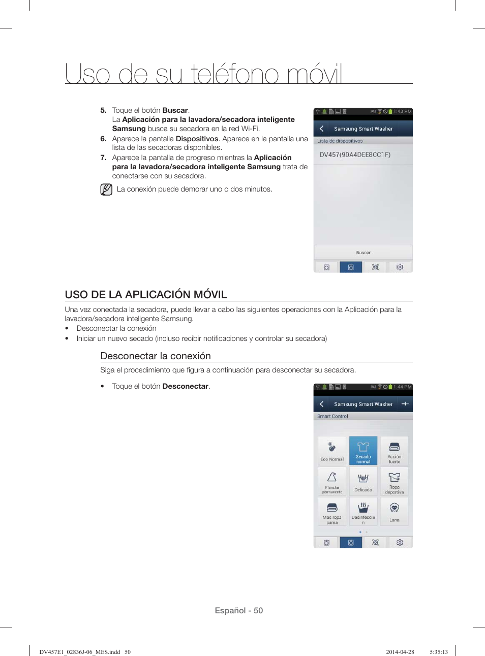 Uso de su teléfono móvil, Uso de la aplicación móvil | Samsung DV457E1GSGR-A1 User Manual | Page 202 / 228