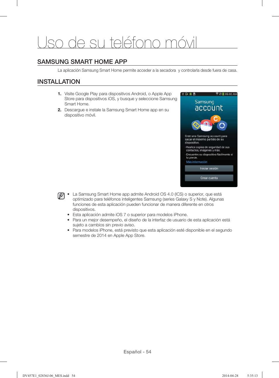 Uso de su teléfono móvil, Samsung smart home app, Installation | Samsung DV457E1GSGR-A1 User Manual | Page 206 / 228