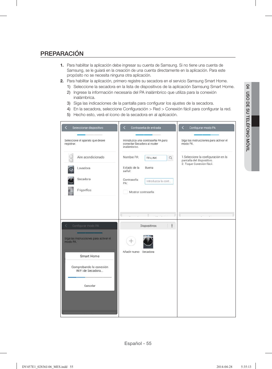 Preparación | Samsung DV457E1GSGR-A1 User Manual | Page 207 / 228