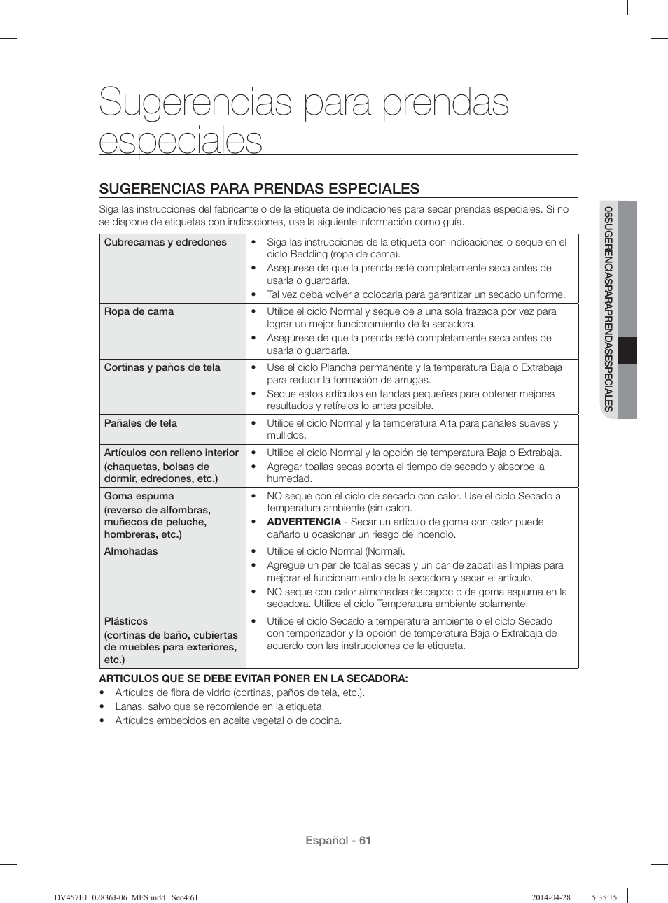 Sugerencias para prendas especiales | Samsung DV457E1GSGR-A1 User Manual | Page 213 / 228