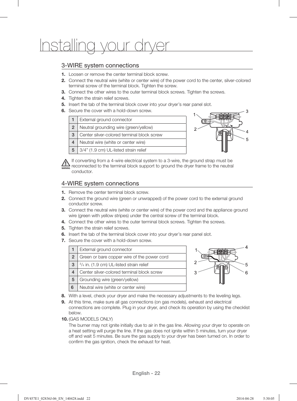 Installing your dryer, Wire system connections | Samsung DV457E1GSGR-A1 User Manual | Page 22 / 228