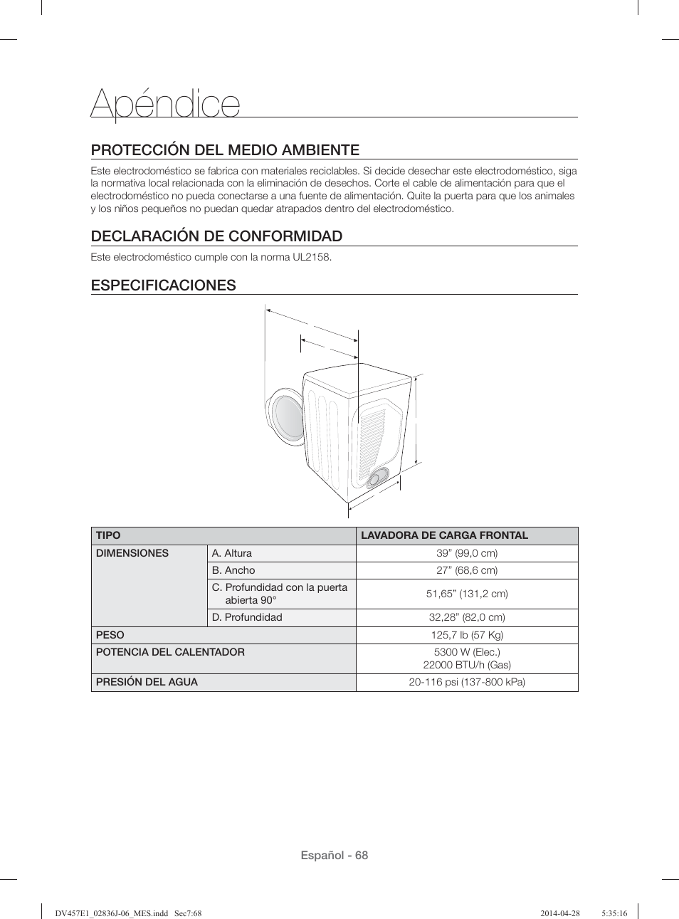Apéndice, Protección del medio ambiente, Declaración de conformidad | Especificaciones | Samsung DV457E1GSGR-A1 User Manual | Page 220 / 228