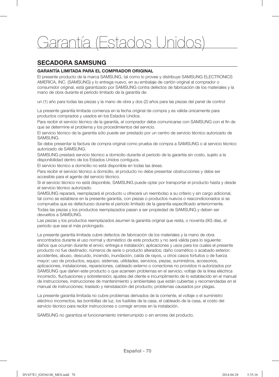 Garantía (estados unidos), Secadora samsung | Samsung DV457E1GSGR-A1 User Manual | Page 222 / 228