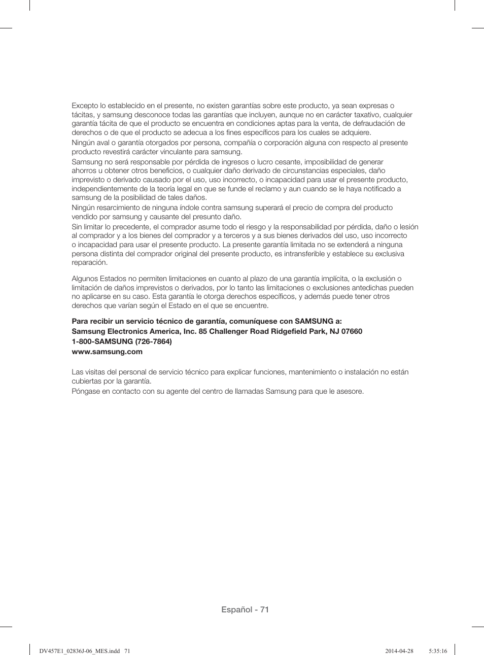 Español - 71 | Samsung DV457E1GSGR-A1 User Manual | Page 223 / 228