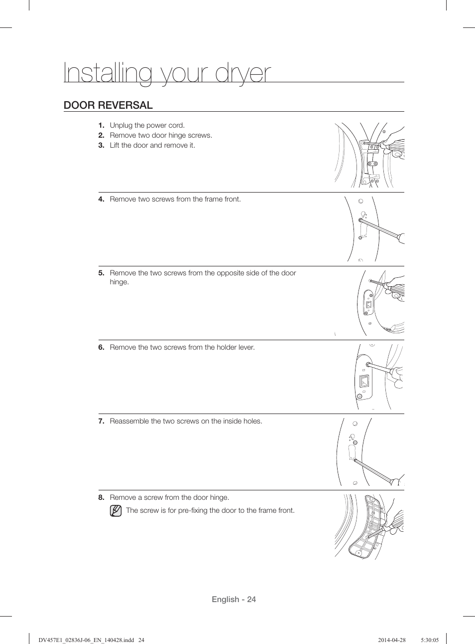 Installing your dryer, Door reversal | Samsung DV457E1GSGR-A1 User Manual | Page 24 / 228