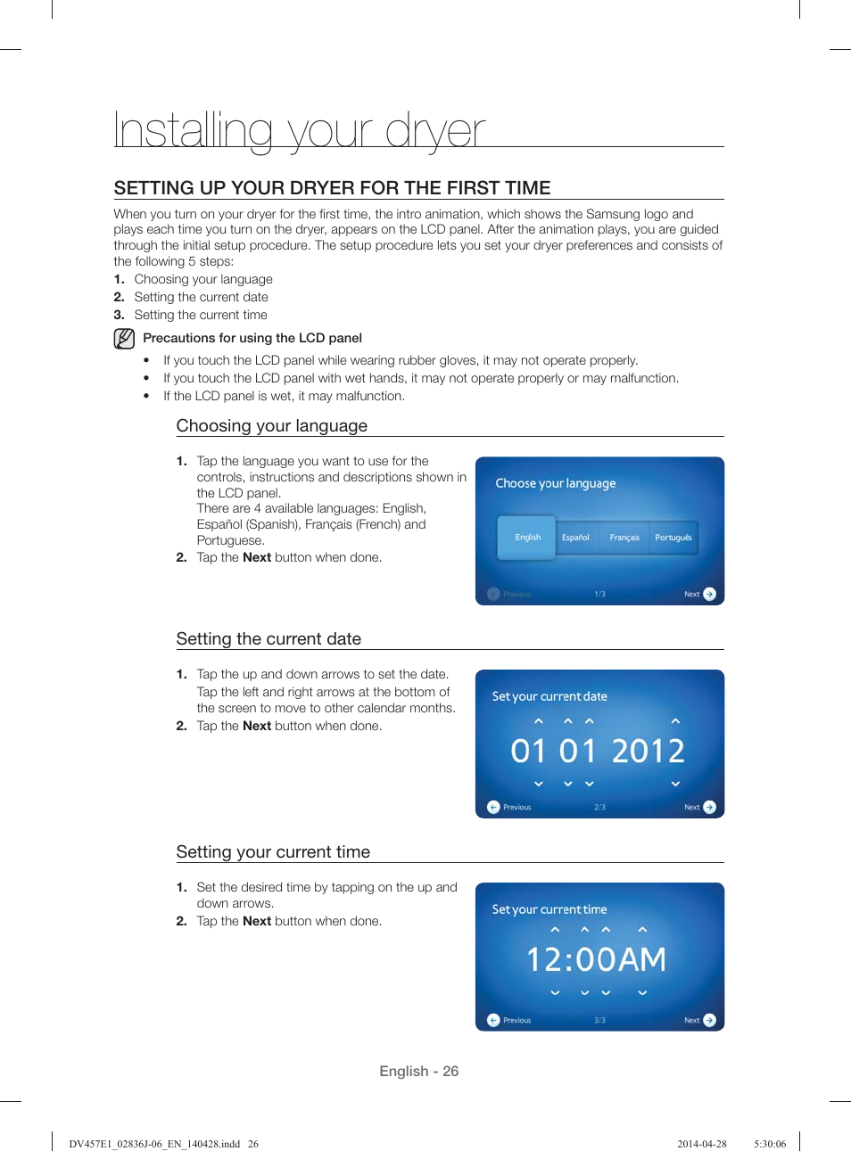 Installing your dryer, Setting up your dryer for the first time | Samsung DV457E1GSGR-A1 User Manual | Page 26 / 228