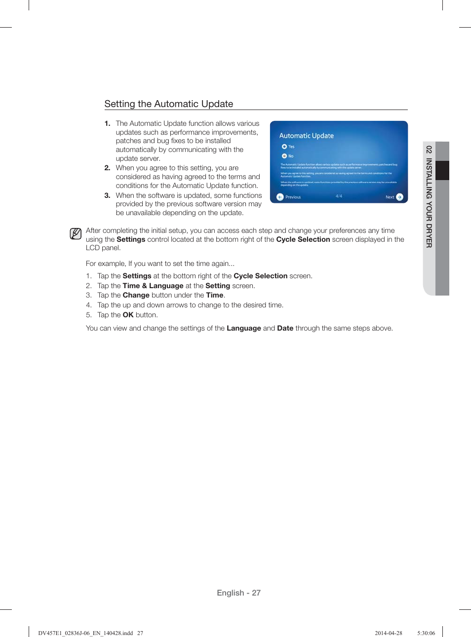 Setting the automatic update | Samsung DV457E1GSGR-A1 User Manual | Page 27 / 228