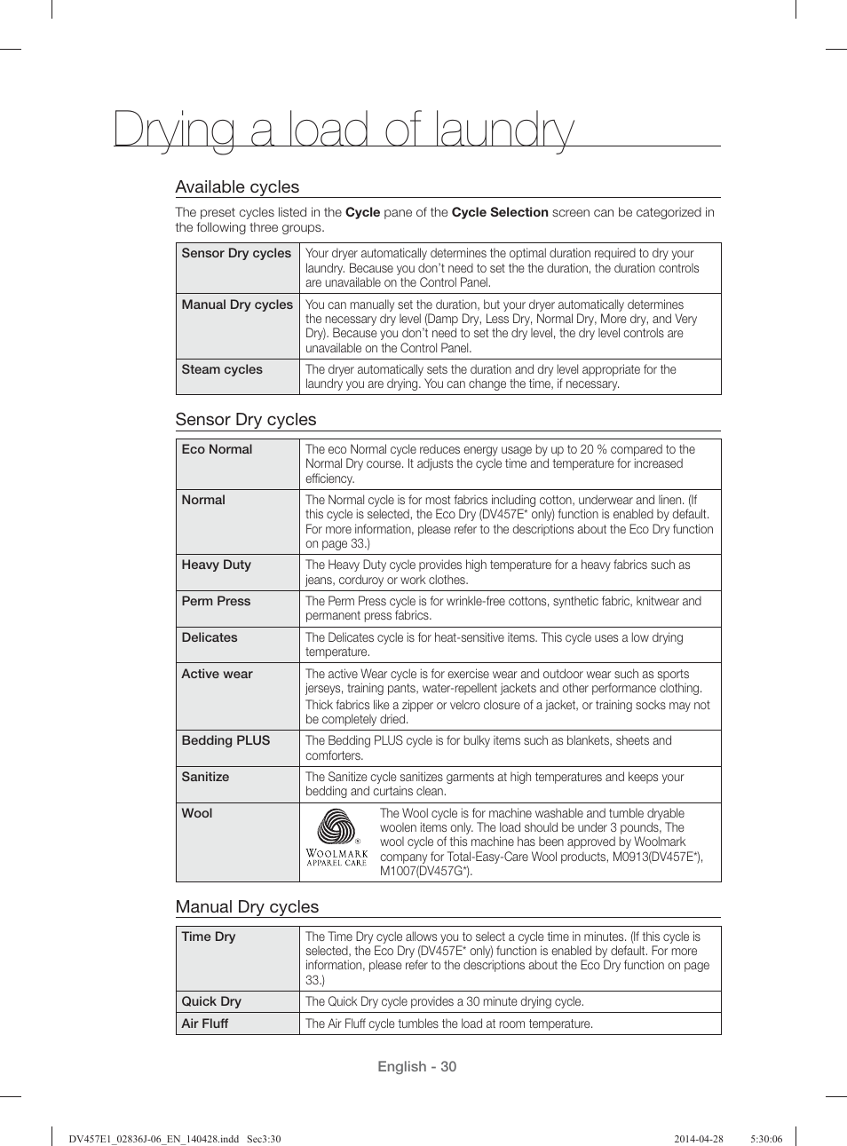 Drying a load of laundry, Available cycles, Sensor dry cycles | Manual dry cycles | Samsung DV457E1GSGR-A1 User Manual | Page 30 / 228