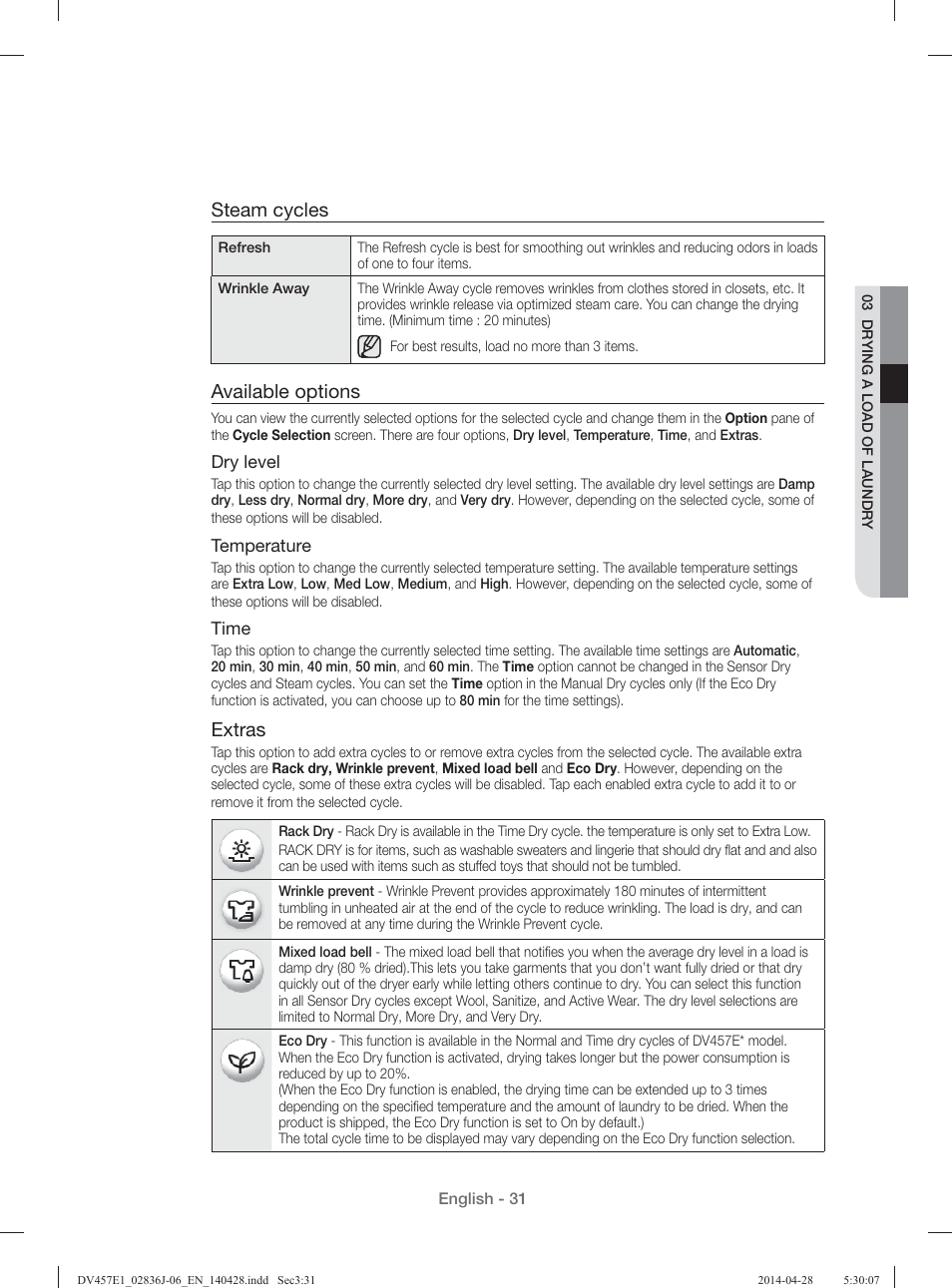 Steam cycles, Available options, Extras | Samsung DV457E1GSGR-A1 User Manual | Page 31 / 228