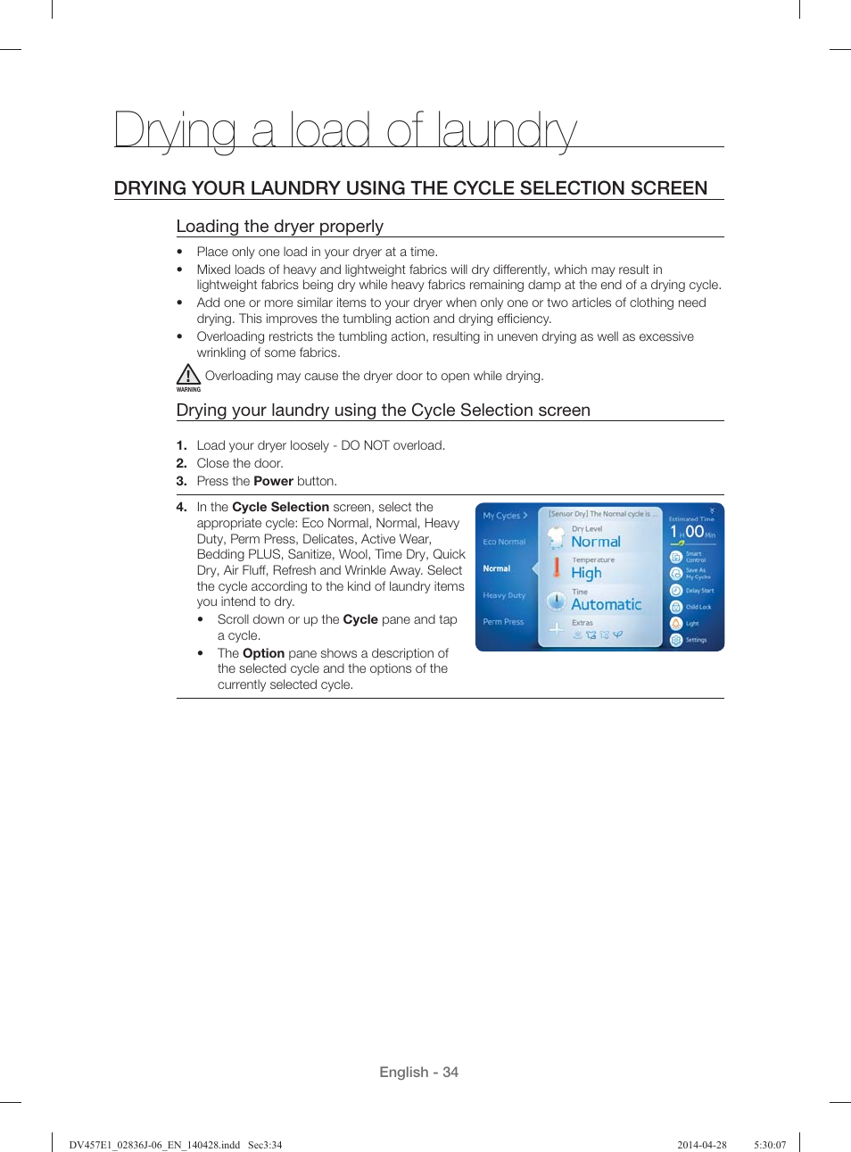 Drying a load of laundry, Loading the dryer properly | Samsung DV457E1GSGR-A1 User Manual | Page 34 / 228