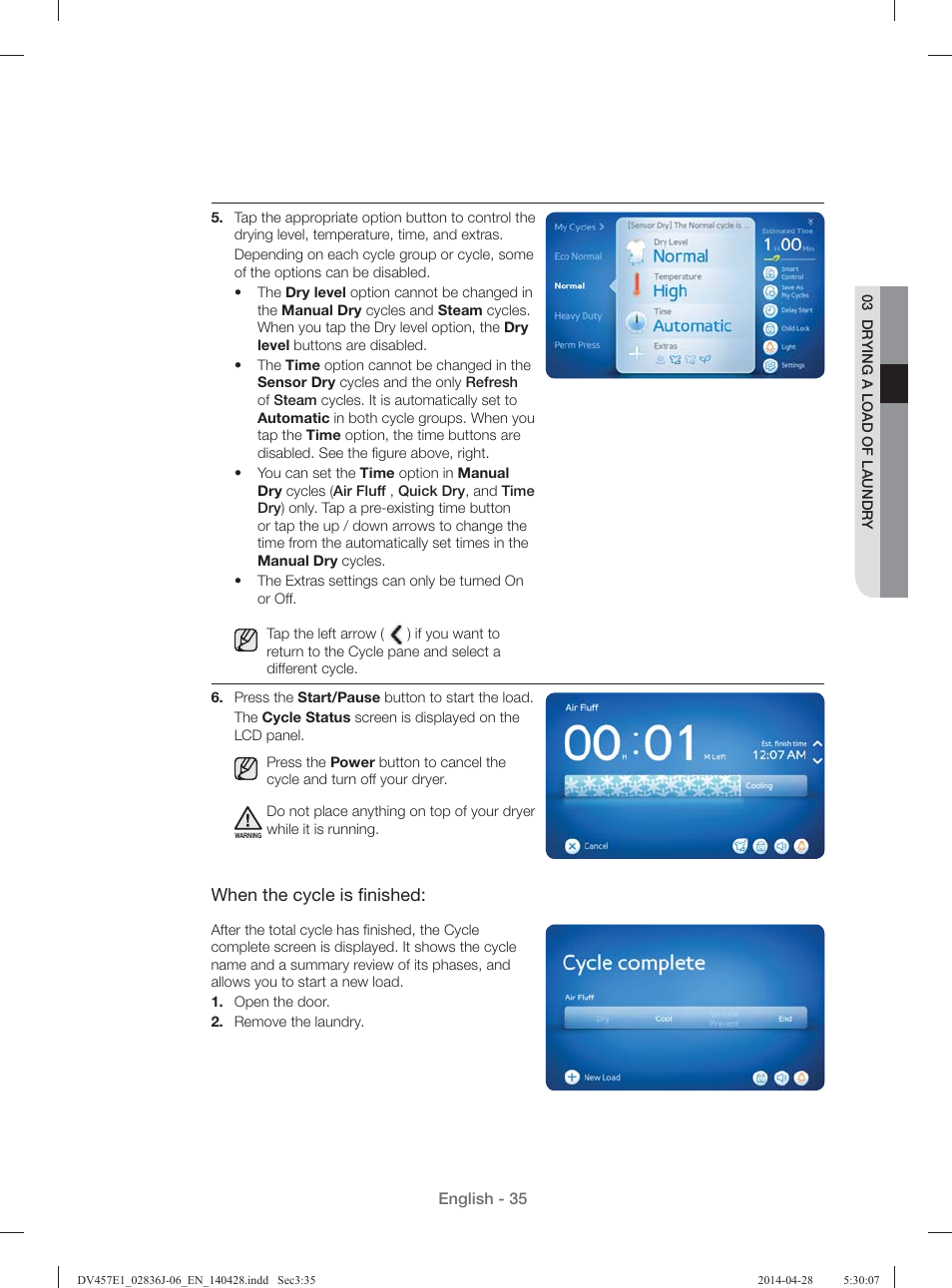 When the cycle is ﬁ nished | Samsung DV457E1GSGR-A1 User Manual | Page 35 / 228