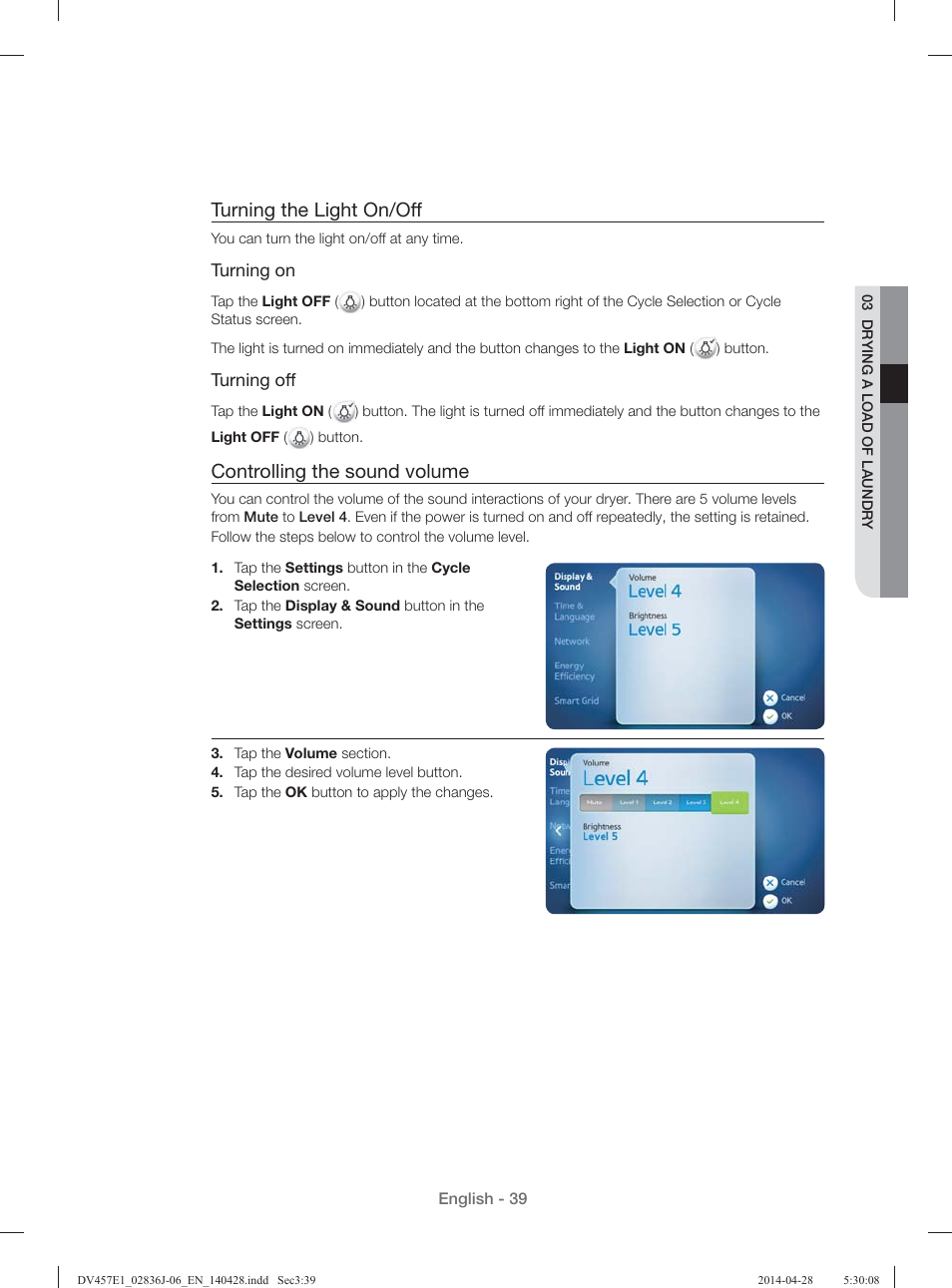 Turning the light on/off, Controlling the sound volume | Samsung DV457E1GSGR-A1 User Manual | Page 39 / 228