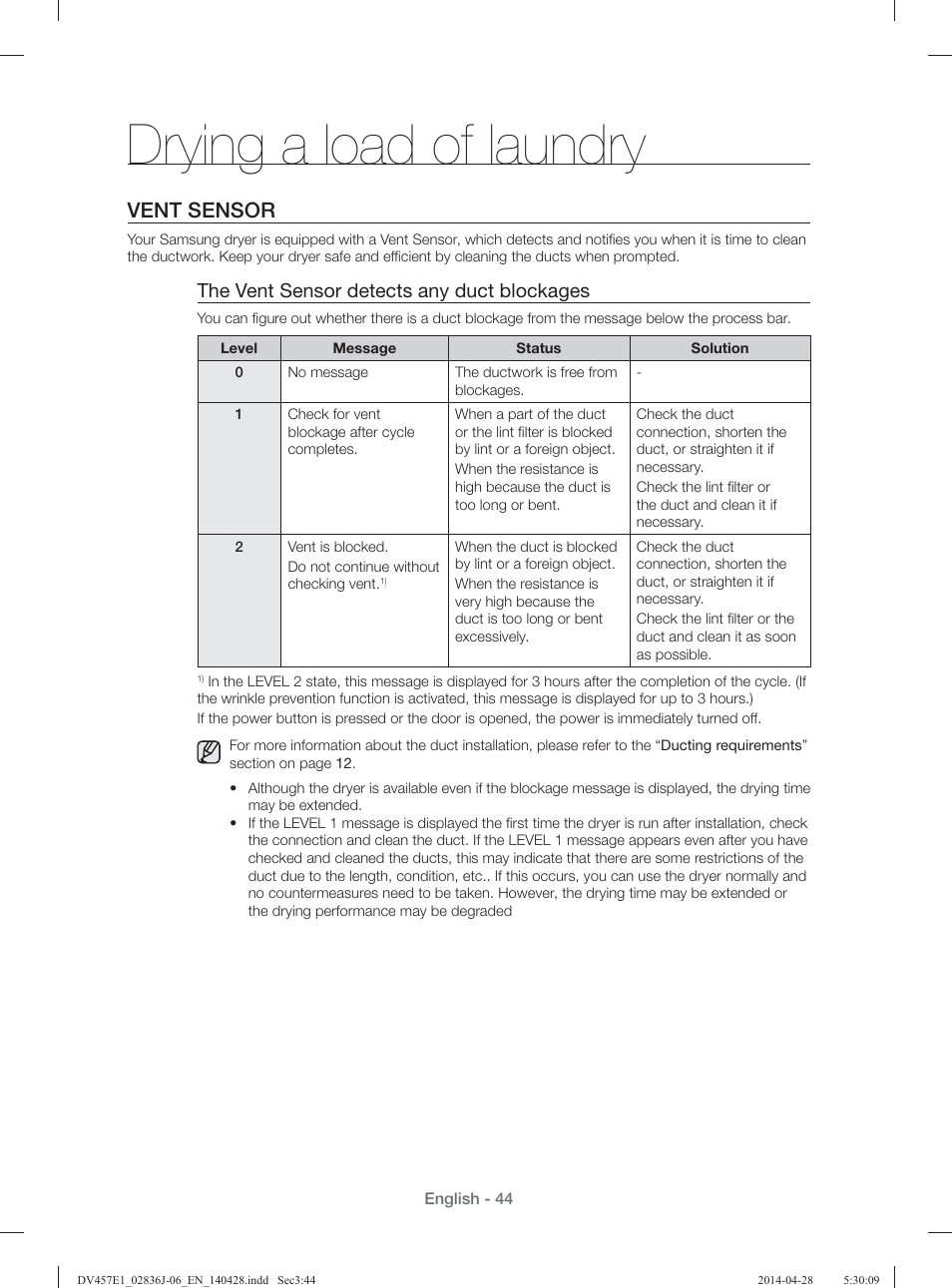Drying a load of laundry, Vent sensor, The vent sensor detects any duct blockages | Samsung DV457E1GSGR-A1 User Manual | Page 44 / 228