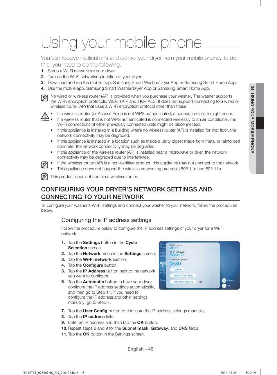 Using your mobile phone, Conﬁ guring the ip address settings | Samsung DV457E1GSGR-A1 User Manual | Page 45 / 228