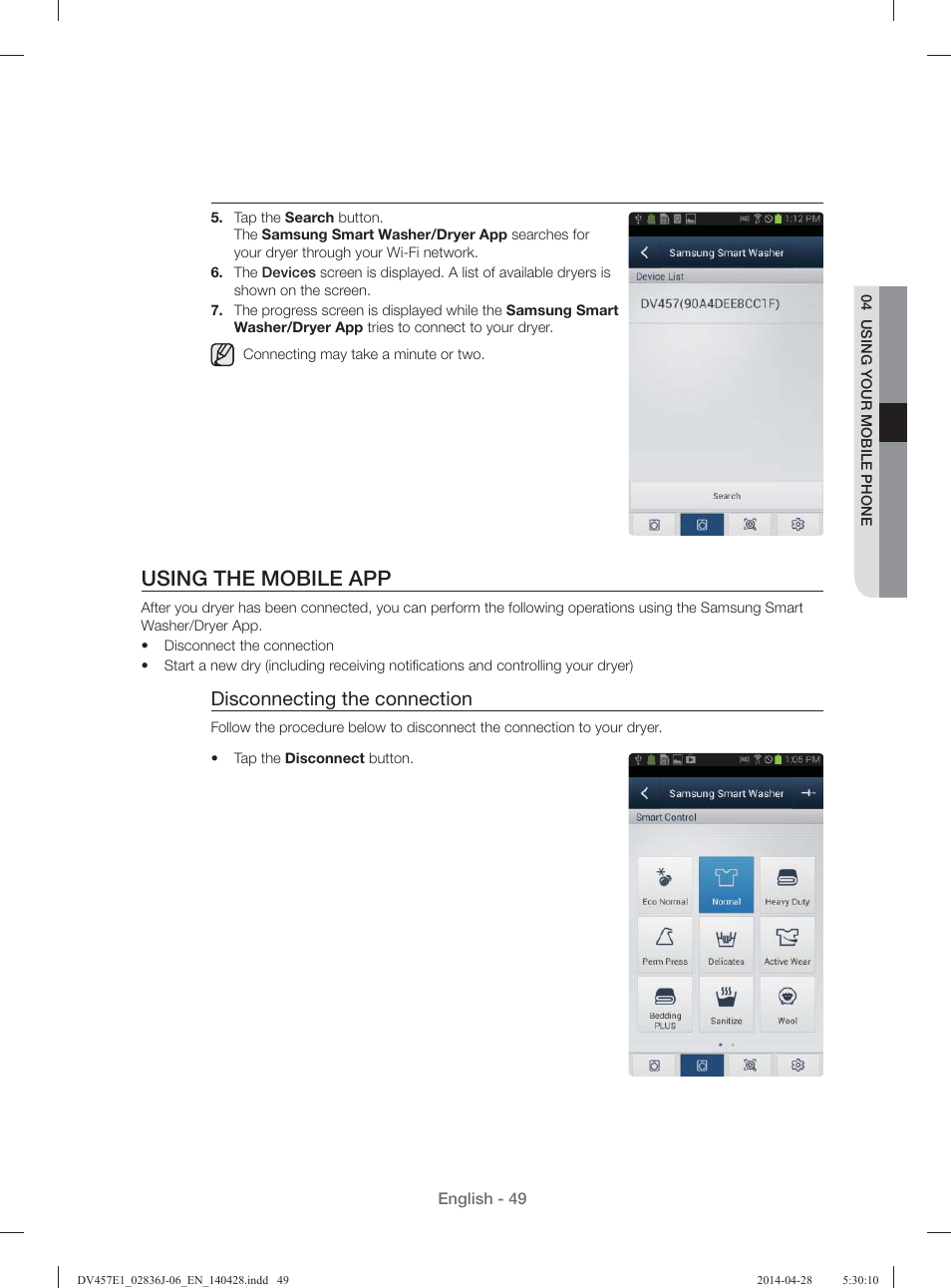 Using the mobile app, Disconnecting the connection | Samsung DV457E1GSGR-A1 User Manual | Page 49 / 228