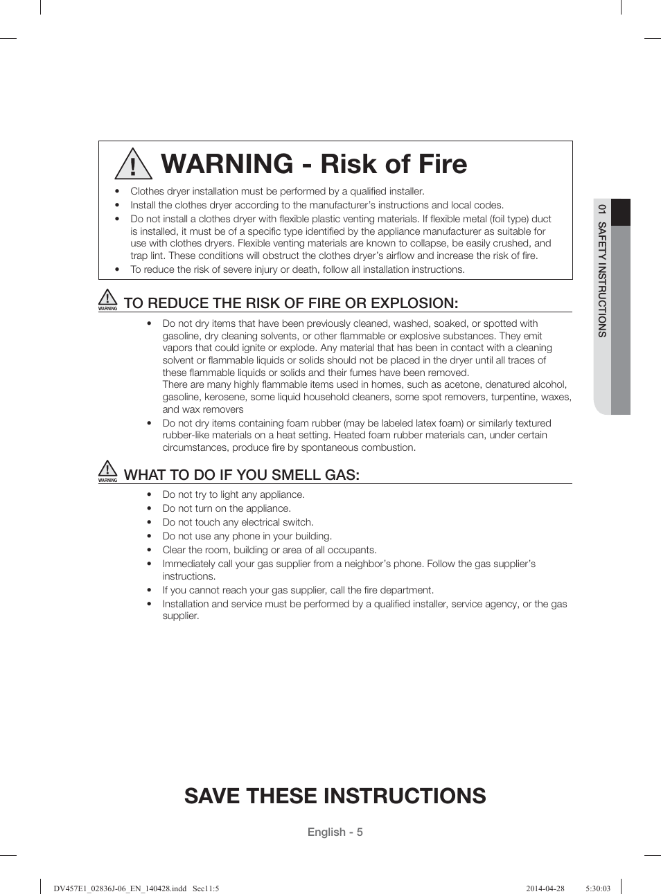 Warning - risk of fire, Save these instructions, What to do if you smell gas | Samsung DV457E1GSGR-A1 User Manual | Page 5 / 228