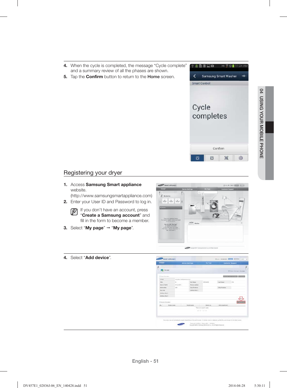 Registering your dryer | Samsung DV457E1GSGR-A1 User Manual | Page 51 / 228