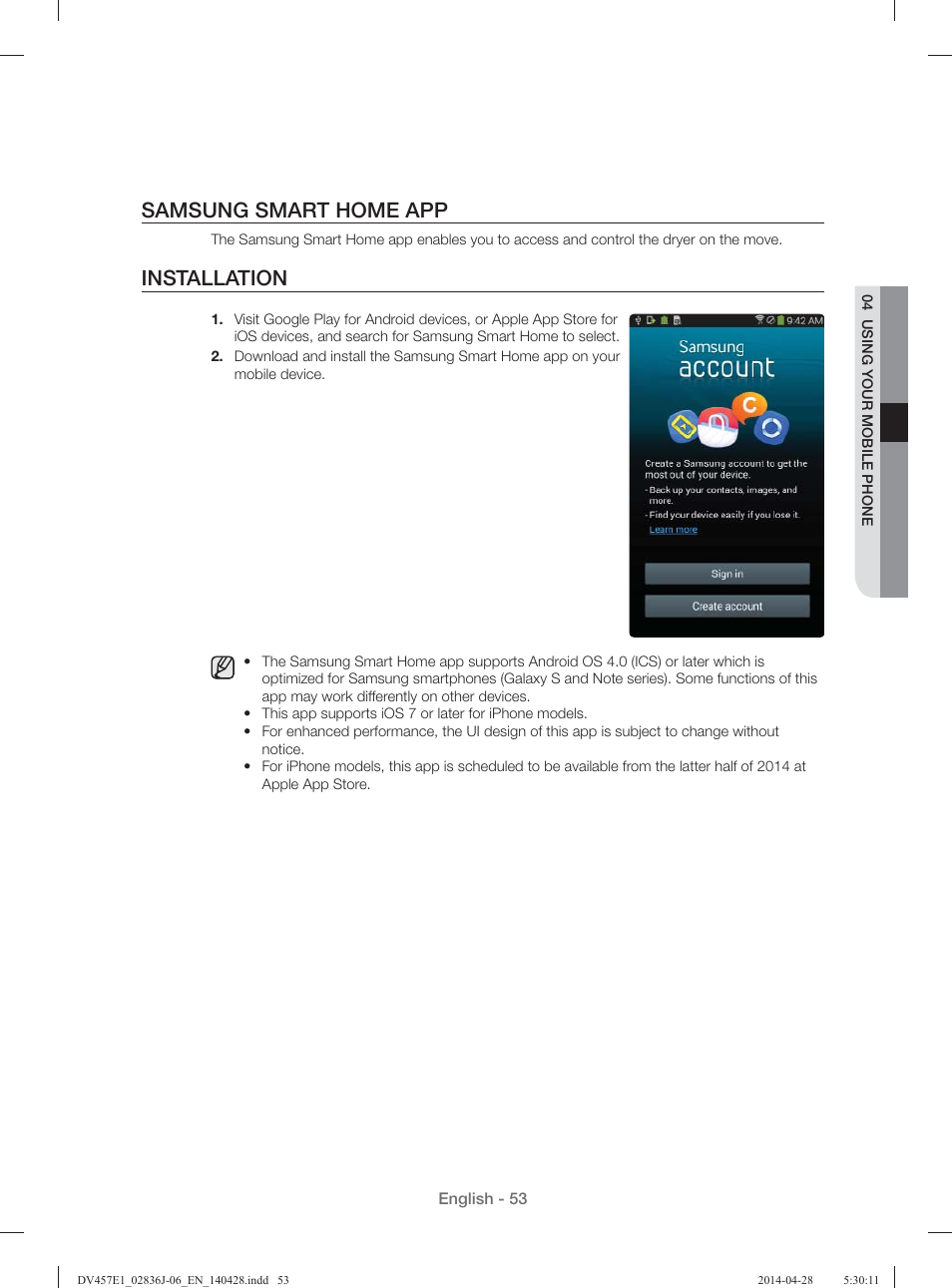 Samsung smart home app, Installation | Samsung DV457E1GSGR-A1 User Manual | Page 53 / 228