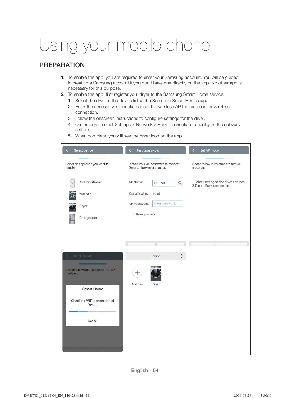 Using your mobile phone, Preparation | Samsung DV457E1GSGR-A1 User Manual | Page 54 / 228