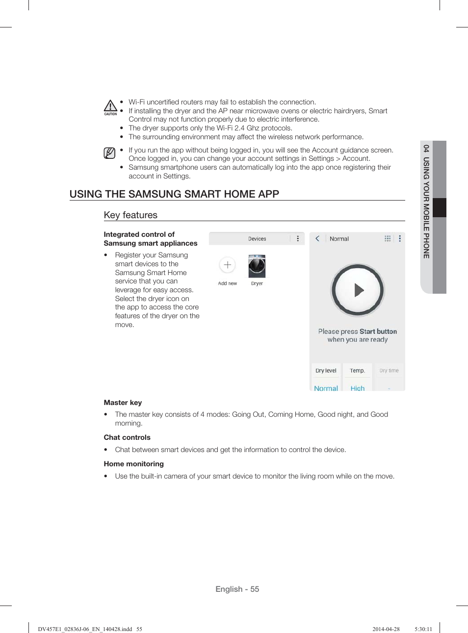 Using the samsung smart home app, Key features | Samsung DV457E1GSGR-A1 User Manual | Page 55 / 228