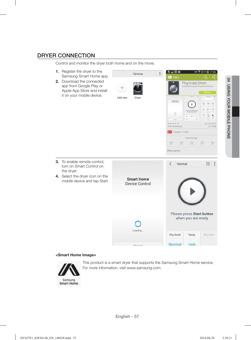 Dryer connection | Samsung DV457E1GSGR-A1 User Manual | Page 57 / 228