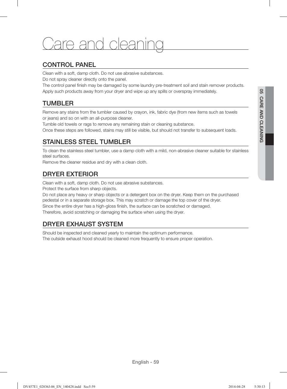 Care and cleaning, Control panel, Tumbler | Stainless steel tumbler, Dryer exterior, Dryer exhaust system | Samsung DV457E1GSGR-A1 User Manual | Page 59 / 228