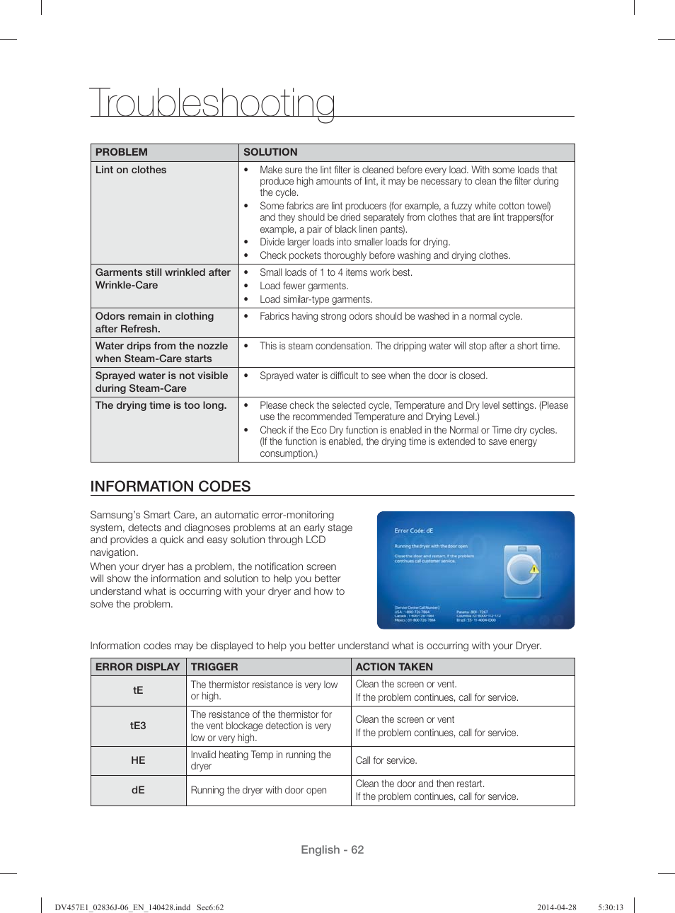 Troubleshooting, Information codes | Samsung DV457E1GSGR-A1 User Manual | Page 62 / 228