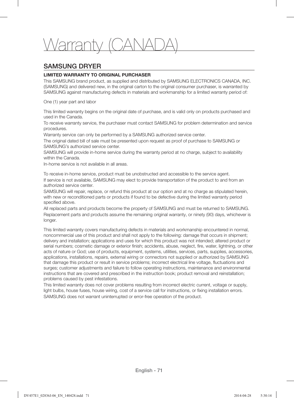 Warranty (canada), Samsung dryer | Samsung DV457E1GSGR-A1 User Manual | Page 71 / 228