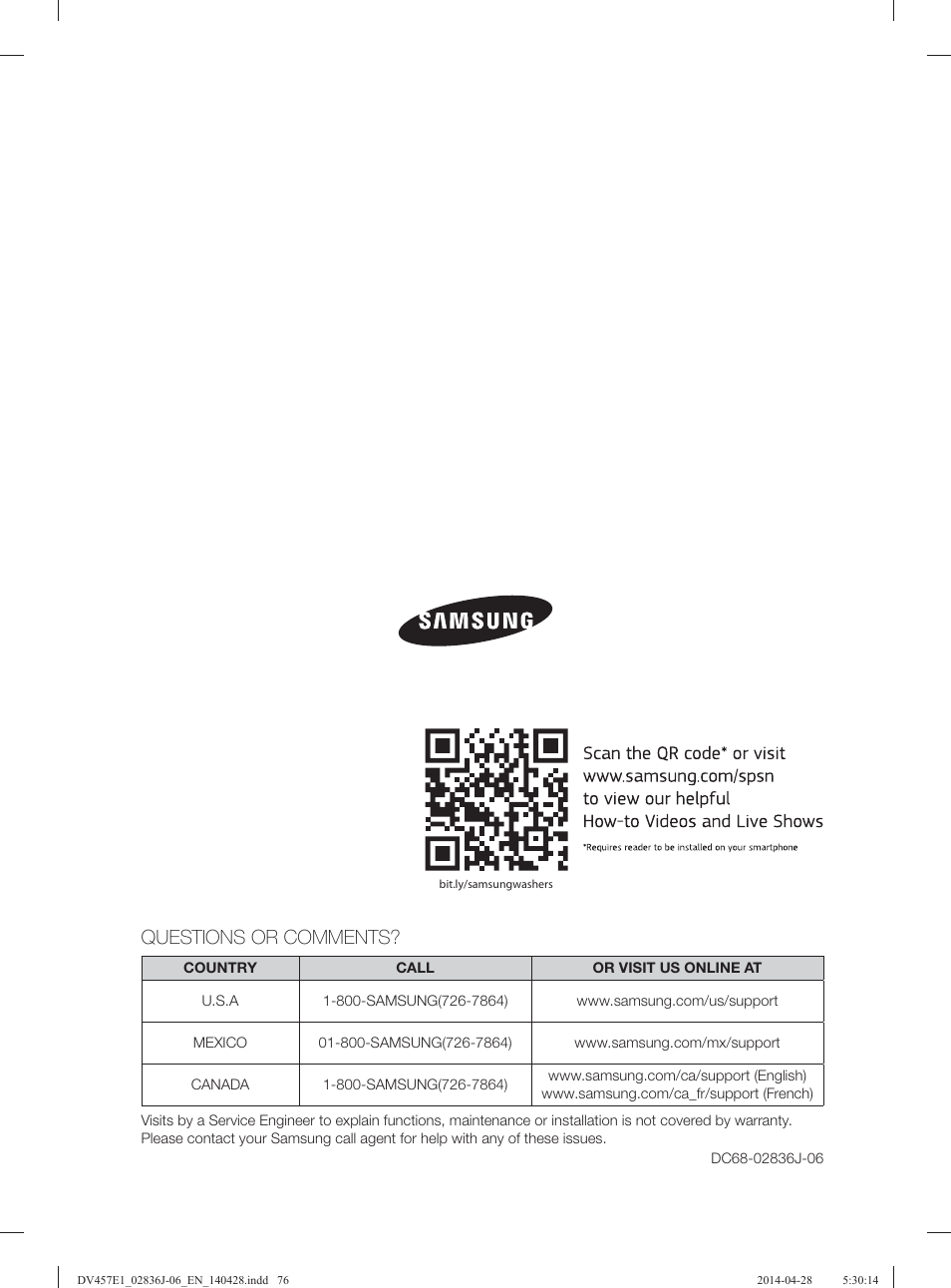 Questions or comments | Samsung DV457E1GSGR-A1 User Manual | Page 76 / 228