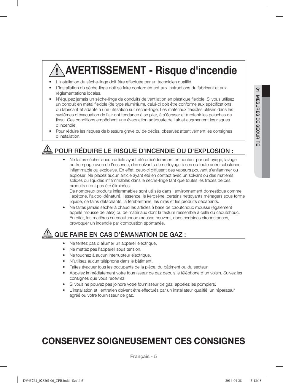Avertissement - risque d'incendie, Conservez soigneusement ces consignes, Pour réduire le risque d'incendie ou d'explosion | Que faire en cas d’émanation de gaz | Samsung DV457E1GSGR-A1 User Manual | Page 81 / 228