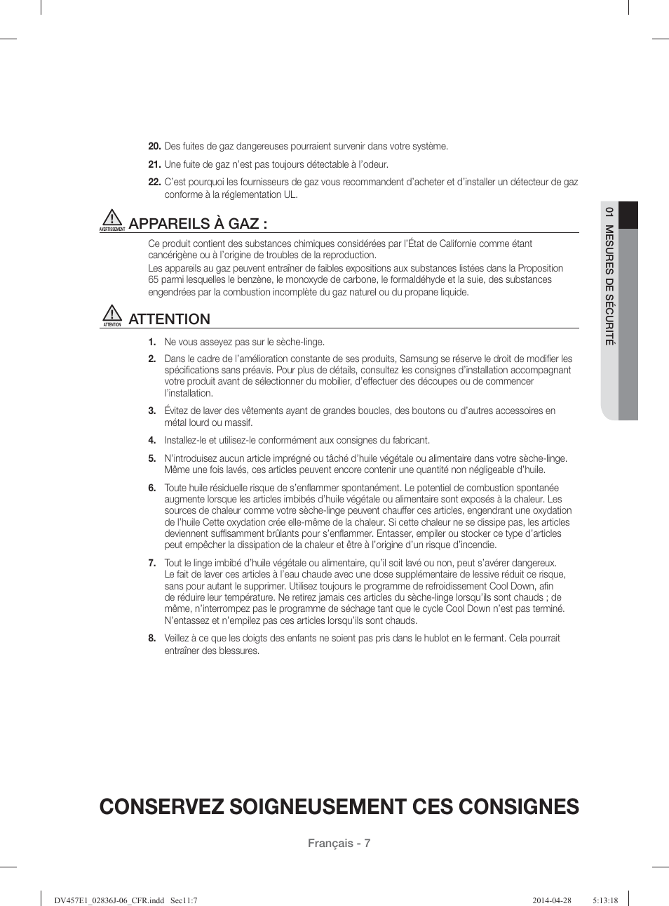 Conservez soigneusement ces consignes, Appareils à gaz, Attention | Samsung DV457E1GSGR-A1 User Manual | Page 83 / 228