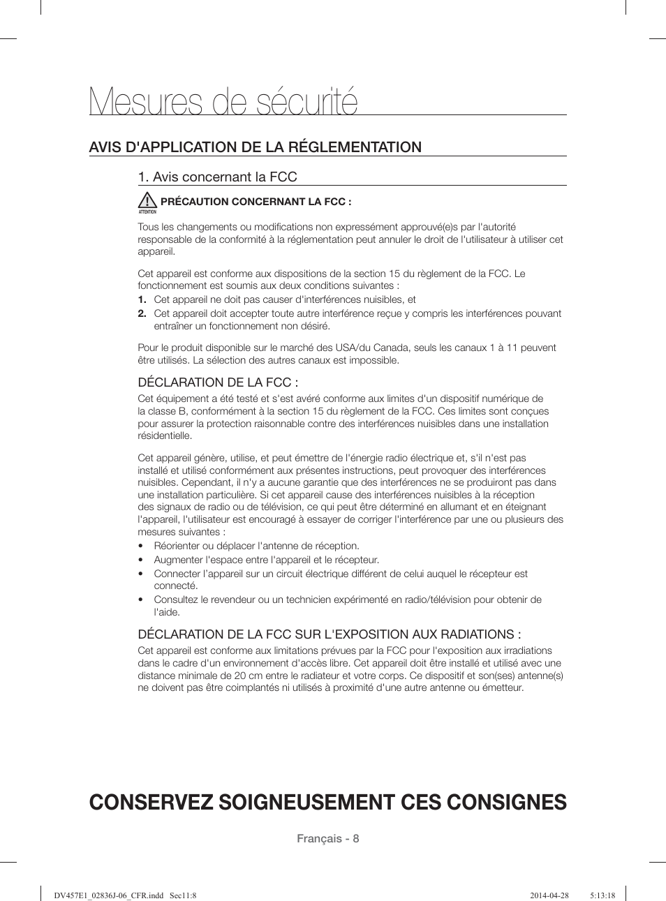 Mesures de sécurité, Conservez soigneusement ces consignes, Avis d'application de la réglementation | Samsung DV457E1GSGR-A1 User Manual | Page 84 / 228