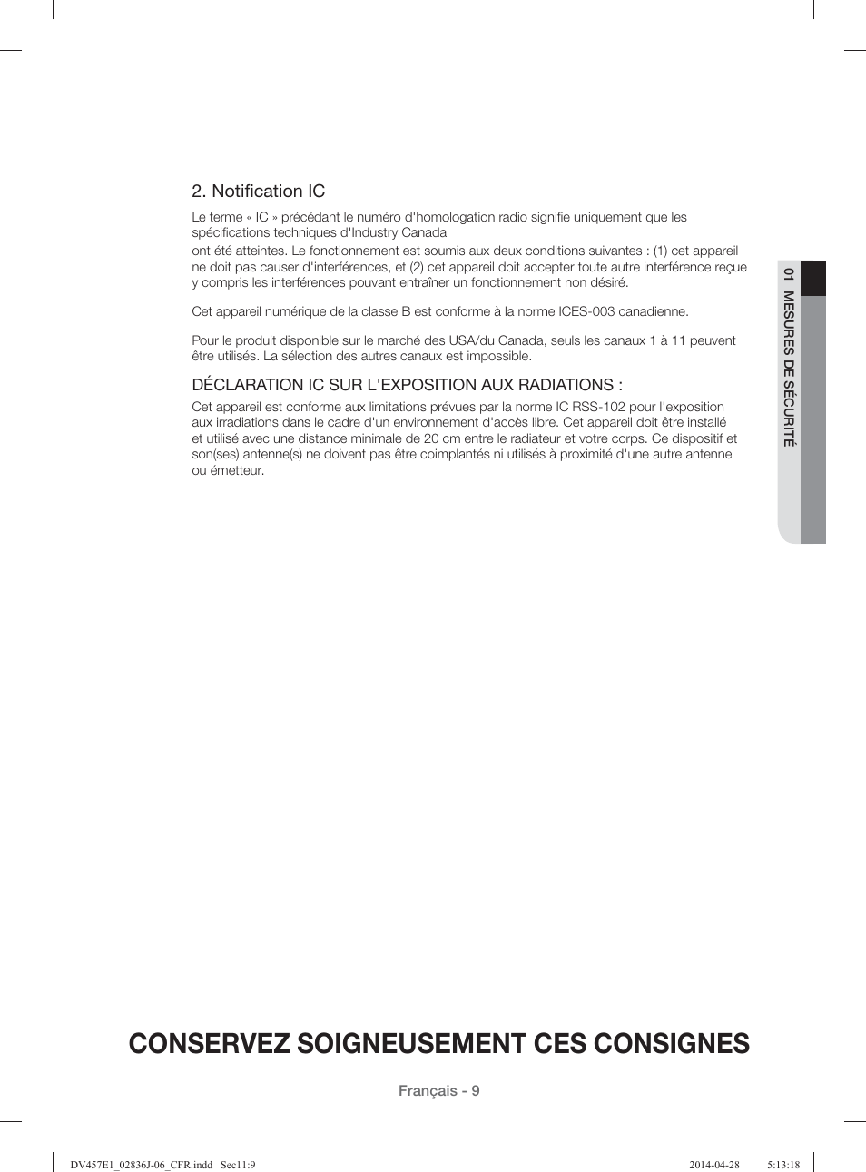 Conservez soigneusement ces consignes, Notiﬁ cation ic | Samsung DV457E1GSGR-A1 User Manual | Page 85 / 228