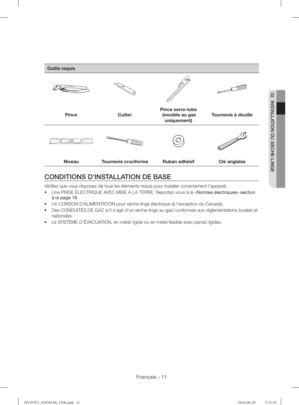 Conditions d'installation de base | Samsung DV457E1GSGR-A1 User Manual | Page 87 / 228
