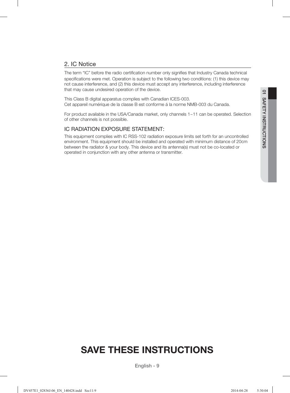 Save these instructions, Ic notice | Samsung DV457E1GSGR-A1 User Manual | Page 9 / 228