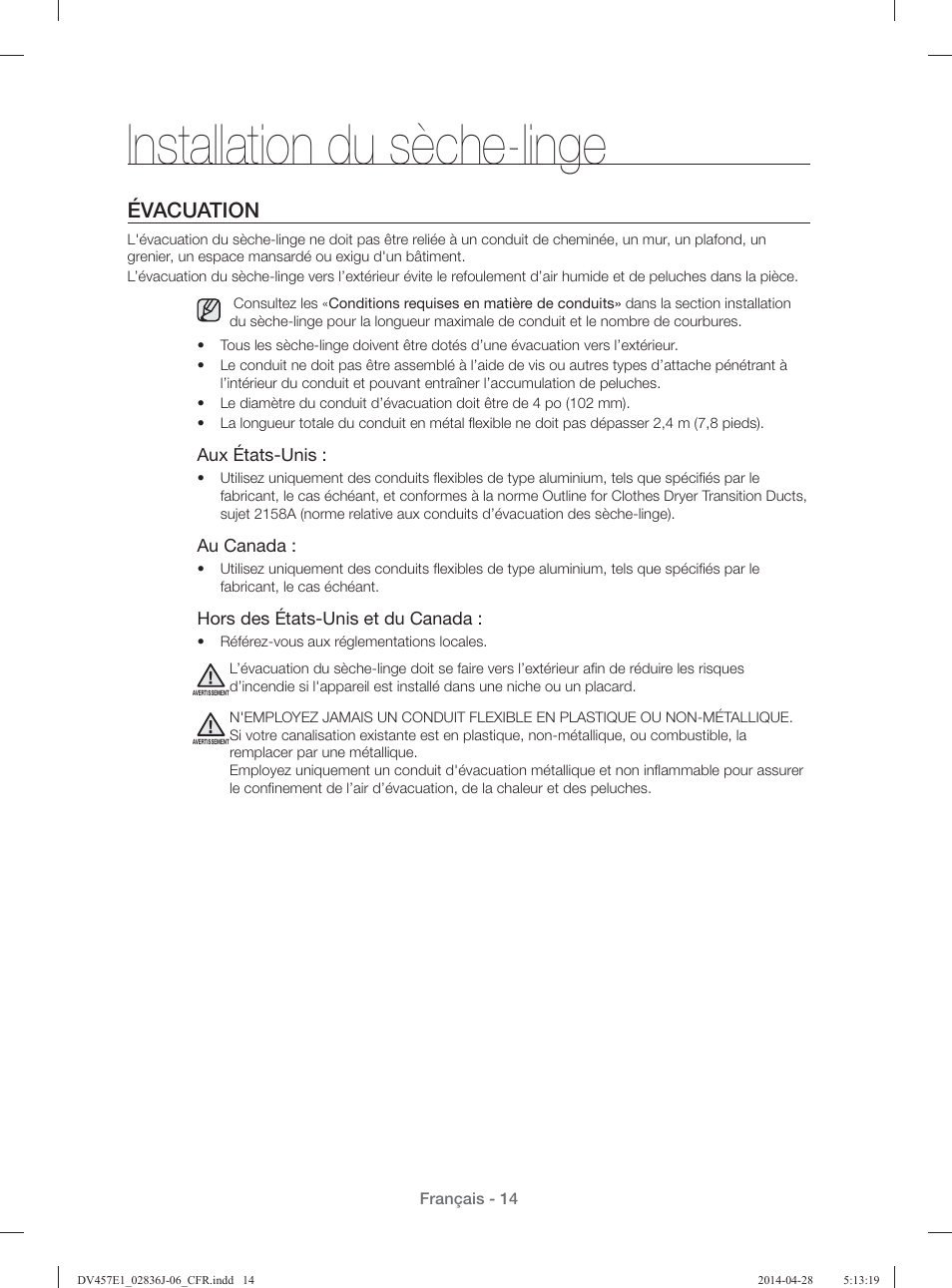 Installation du sèche-linge, Évacuation | Samsung DV457E1GSGR-A1 User Manual | Page 90 / 228