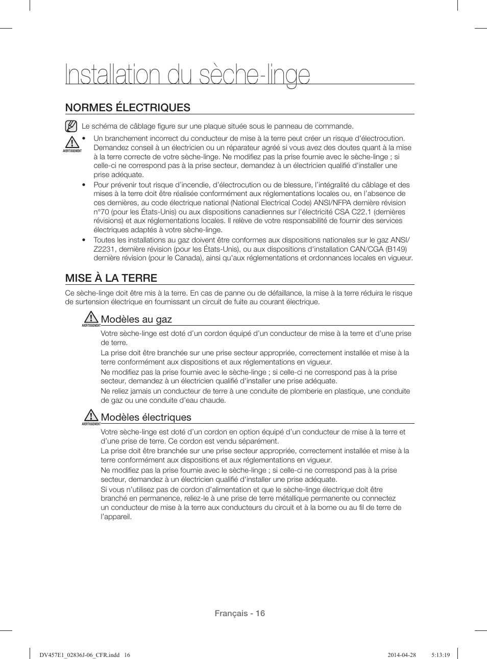 Installation du sèche-linge, Normes électriques, Mise à la terre | Modèles au gaz, Modèles électriques | Samsung DV457E1GSGR-A1 User Manual | Page 92 / 228